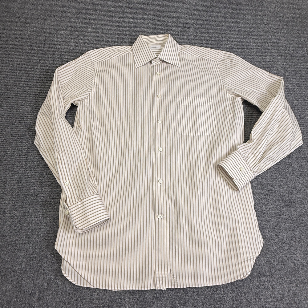 Ermenegildo Zegna Dress Shirt Mens 15.5 Beige Stripe Regular Fit Long Sleeve